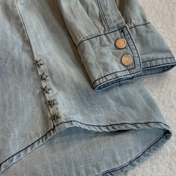 POL Women's Plaid Pocket Long Sleeve Snap Boho Western Denim Top Size S Blue - Picture 5 of 10